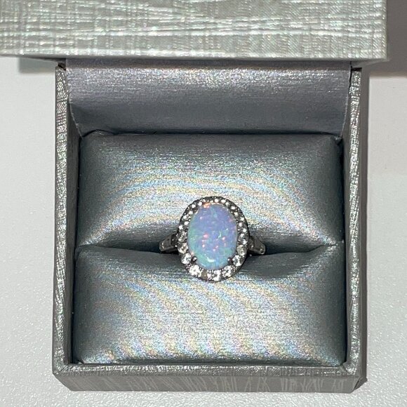 PEOPLES Opal & Cubic Zirconia Silver Ring Sz 5 - Picture 1 of 5